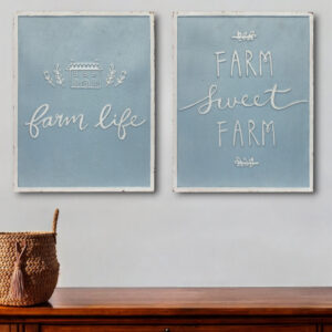 Set of Two Blue And White Farm Sweet Farm Metal Wall Decor