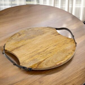 13" Natural Brown Round Wood and Metal Tray