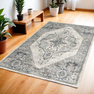 4' X 6' Gray Floral Power Loom Distressed Area Rug