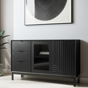 31" Black Wood Accent Cabinet With LED With Single Door And Three Drawers
