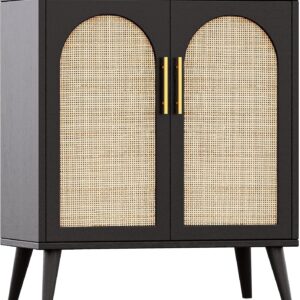 Rattan Storage Cabinet with Doors, Accent Bathroom Floor Cabinet, Modern Sideboard Buffet Cabinet for Living Room, Entryway, Dining Room and Kitchen, Black and Natural BMGZ108BM