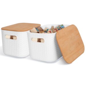 2Pcs Storage Bins with Bamboo Lids Stackable Plastic Storage Container with Handle